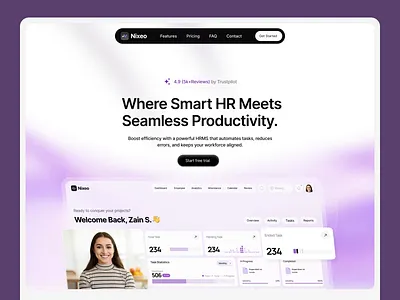 Nixeo | HRMS Landing Page + Dashboard UI | SaaS Web Design analytics dashboard dashboard dashboard ui glassmorphism hr dashboard hrms landing page pixxen saas dashboard saas landing page ui ux web design