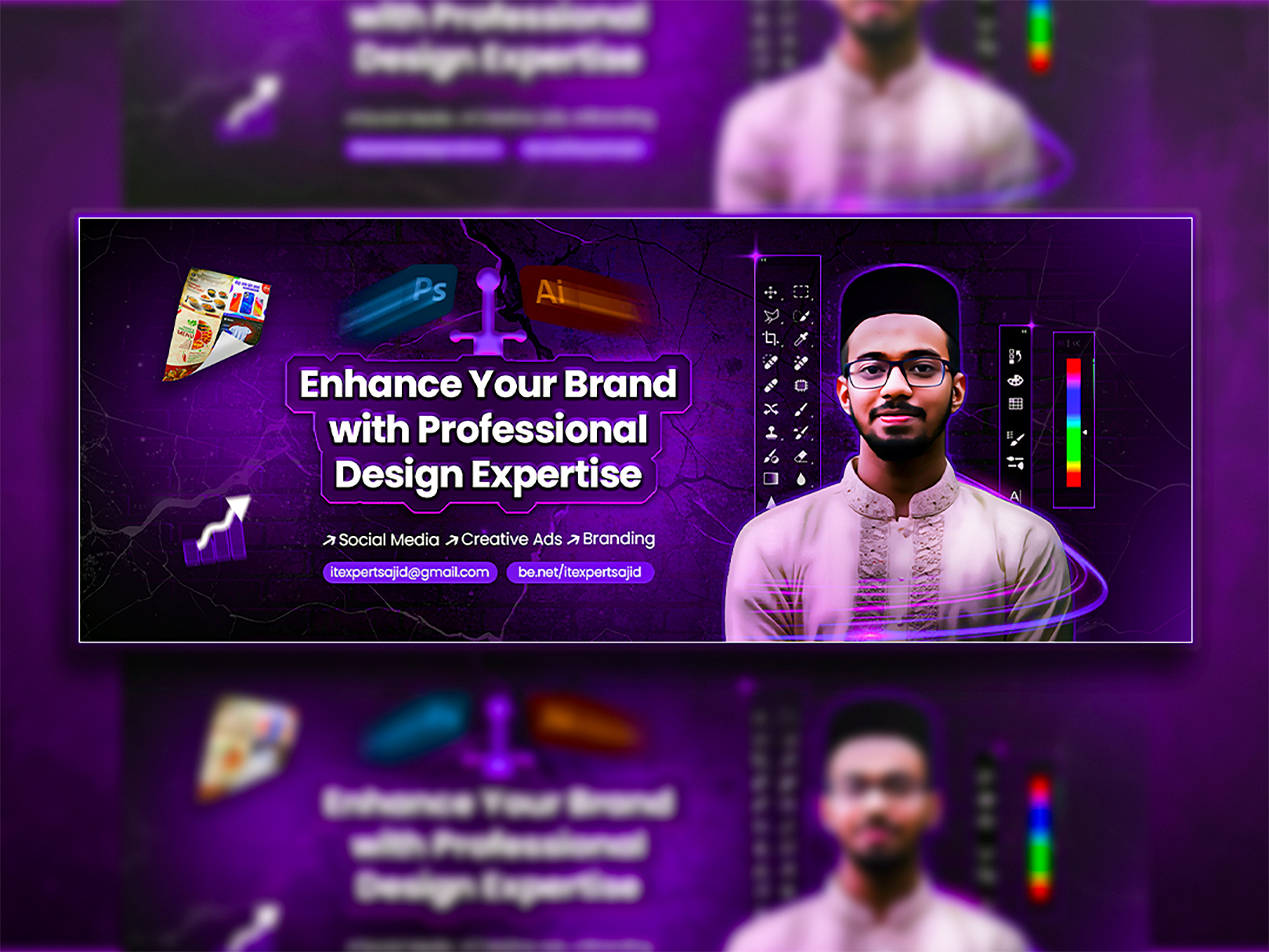 Purple-Themed Facebook Cover – Clean Photoshop Design brand visuals branding art clean layout color theme creative identity creative profile design portfolio designer cover digital identity facebook header graphic design graphic layout minimal art online branding portfolio ready purple aesthetic purple design self branding social banner ui design