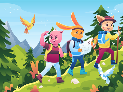 Hiking Together adobeillustrator bird cat character chibi cute design flat illustration friends green hiking illustration landing mountain pig rabbit ui vector web