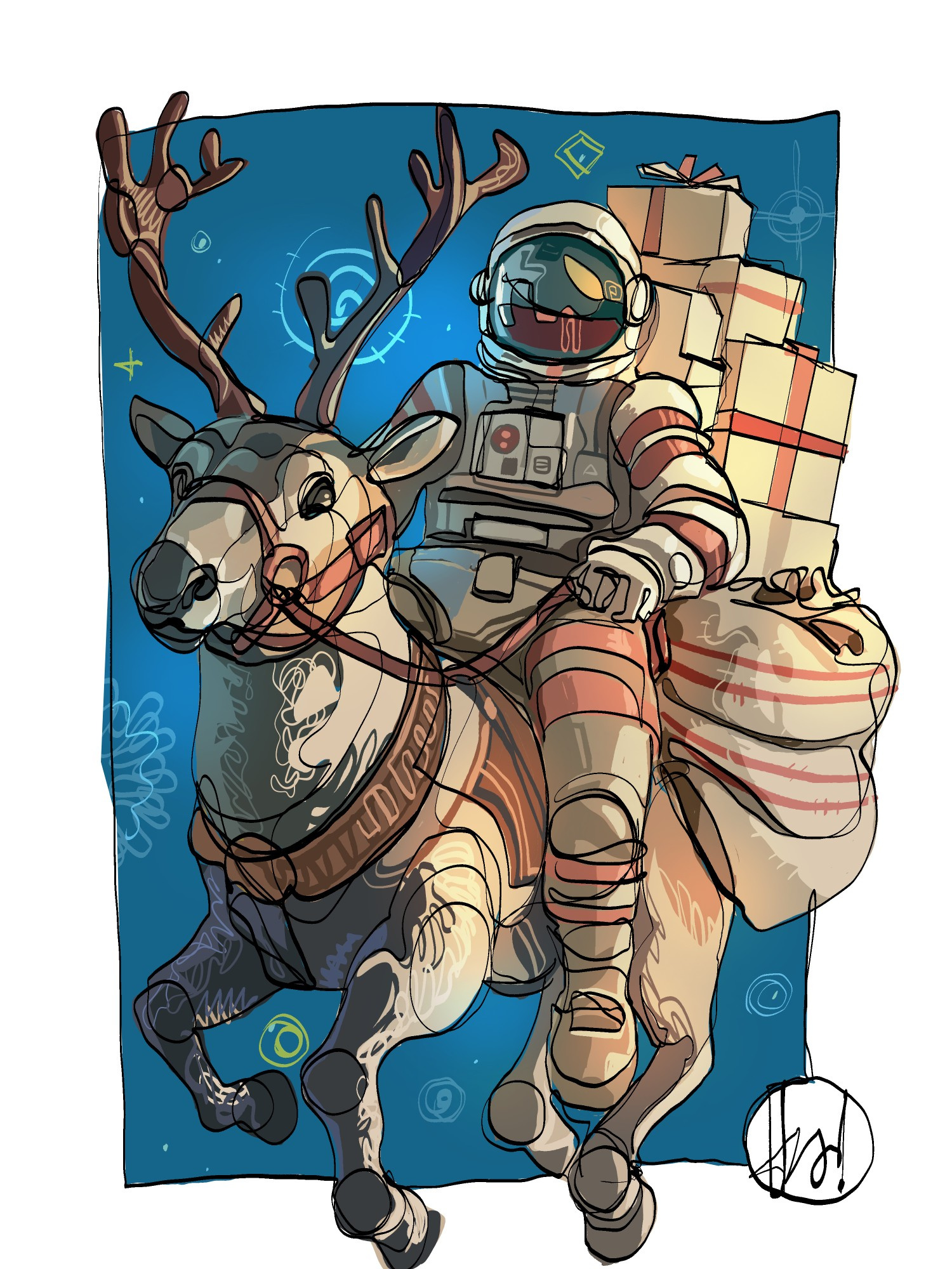 Cosmic Wishes 🧑🏿‍🚀🦌 astronaut best wishes illustration marry christmas postcard sant space odissey