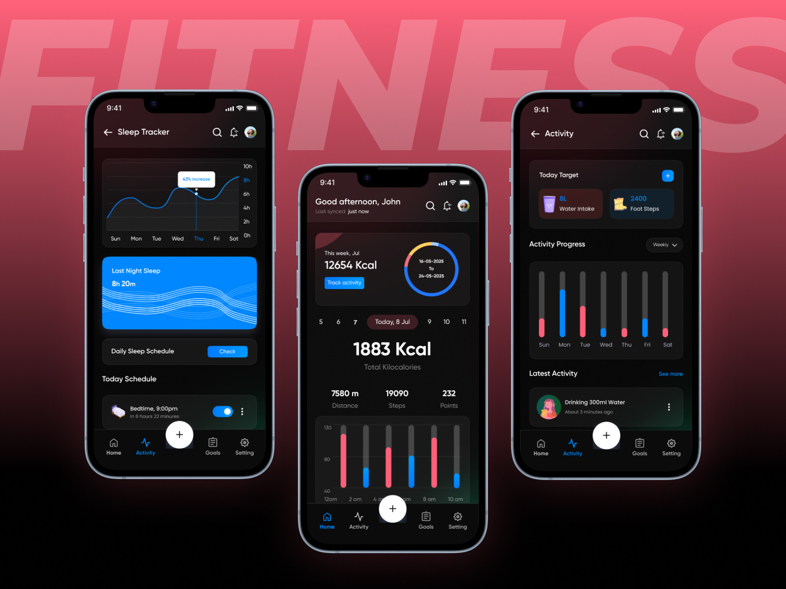 MoveX – Fitness & Activity Tracking App activity tracker app design charts dark ui dashboard data visualization dribbble shot fitness app health app hydration tracker ios app mobile app product design sleep tracker step counter ui design ux design wellness