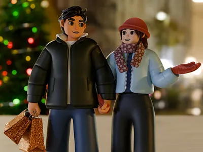 Cozy winter 3D scene — couple walk 3d 3d character 3d illustration 3d scene blender character illustration christmas couple cozy digital illustration illustration love romantic shopping web illustration winter