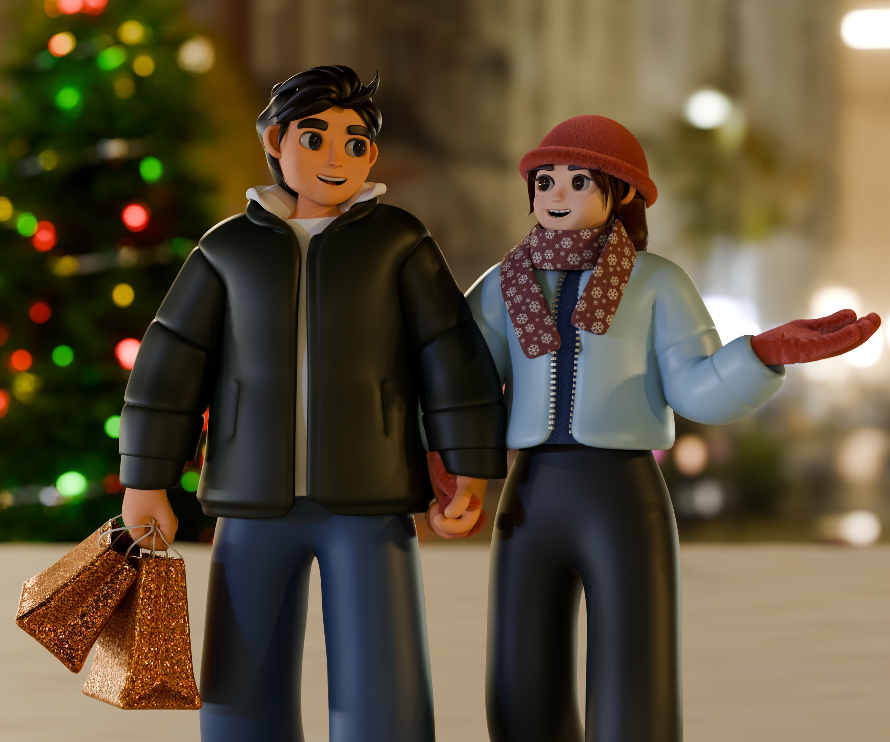 Example of Cozy winter 3D scene — couple walk