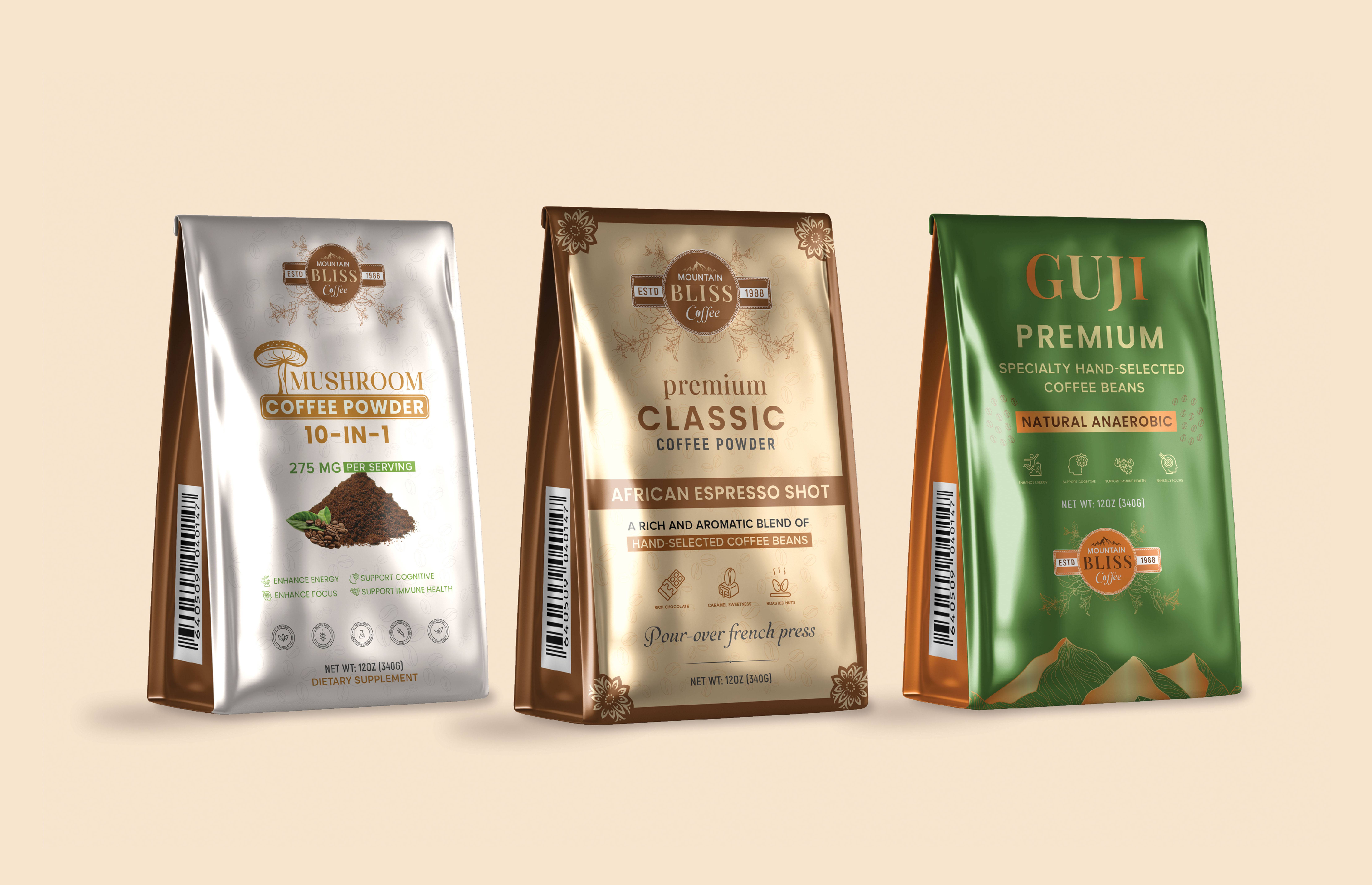 Mountain Bliss Coffee Packaging Logo Branding amazon product packaging botanical boho box design brand logo branding coffee coffee bag coffee packaging design food bag food packaging graphic design label design minimalist logo nature organic packaging design pouch sachet