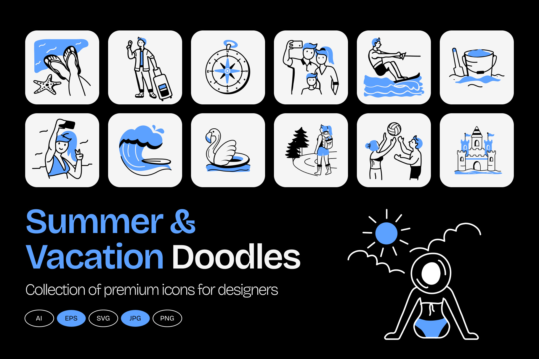 Summer & Vacation Doodles Icon Set beachlife doodleart doodles dribbble icondesign iconset illustration lineart minimaldesign modernicons outlineicons simpleicons summer summervibes travelicons ui uidesign vacation visualdesign