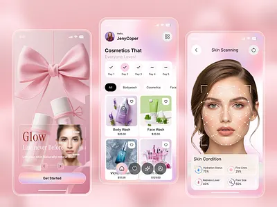 AI Skin Scanning & Beauty Care Mobile App design. ai skin care app design beauty app ui beauty tech cosmetic app digital skincare face scan health beauty minimal design mobile app mobile app design modern ui product recommendation skin analysis skin scanning app skincare app smart beauty ui design ux design