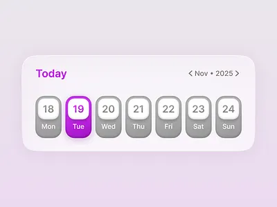 Weekly Date Selector UI Design apple calendar card clean day glass interface liquid glass minimalist purple ui user interface ux week