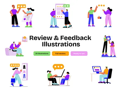 Review & Feedback Illustrations Set approval comments customer review evaluation feedback like online review performance review quality check rating review satisfaction stars survey testimonials ui user experience user feedback ux vector illustration