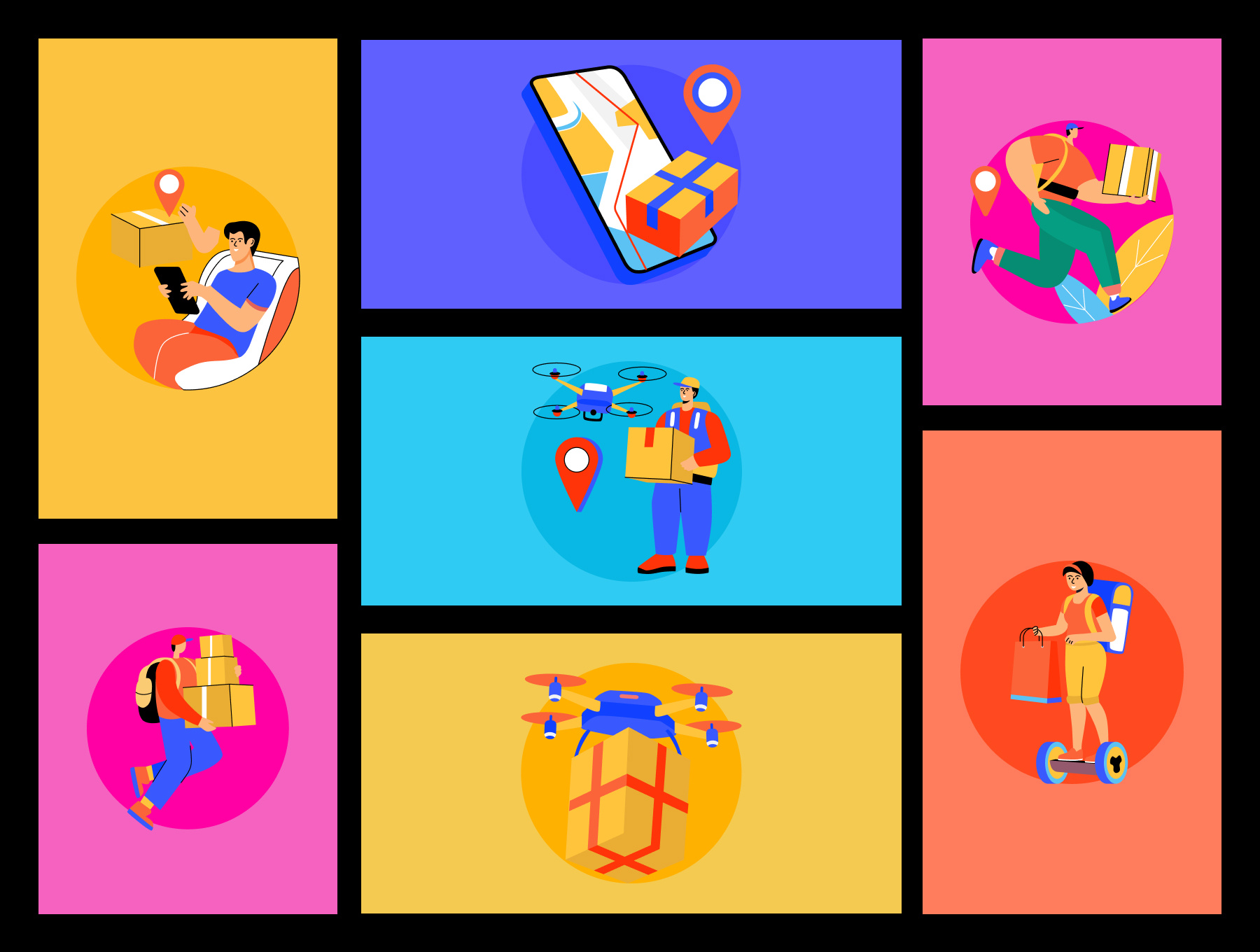 Online Delivery Illustrations Set bike courier courier delivery delivery app drone delivery ecommerce express delivery flat design food delivery last mile delivery location pin logistics online shopping order tracking package parcel shipping supply chain vector illustration warehouse