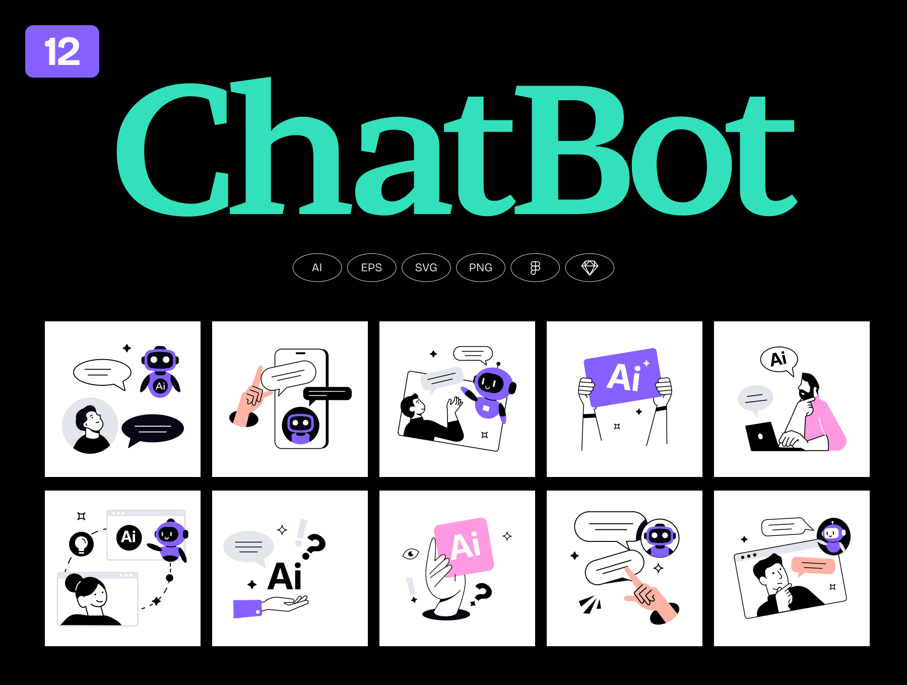 ChatBot AI Illustrations Set ai app design artificialintelligence chat boot chatboot conversationalai customer support flat illustration illustration messaging modern illustration product design saas startup tech ui design ux ui vector virtualassistant web design