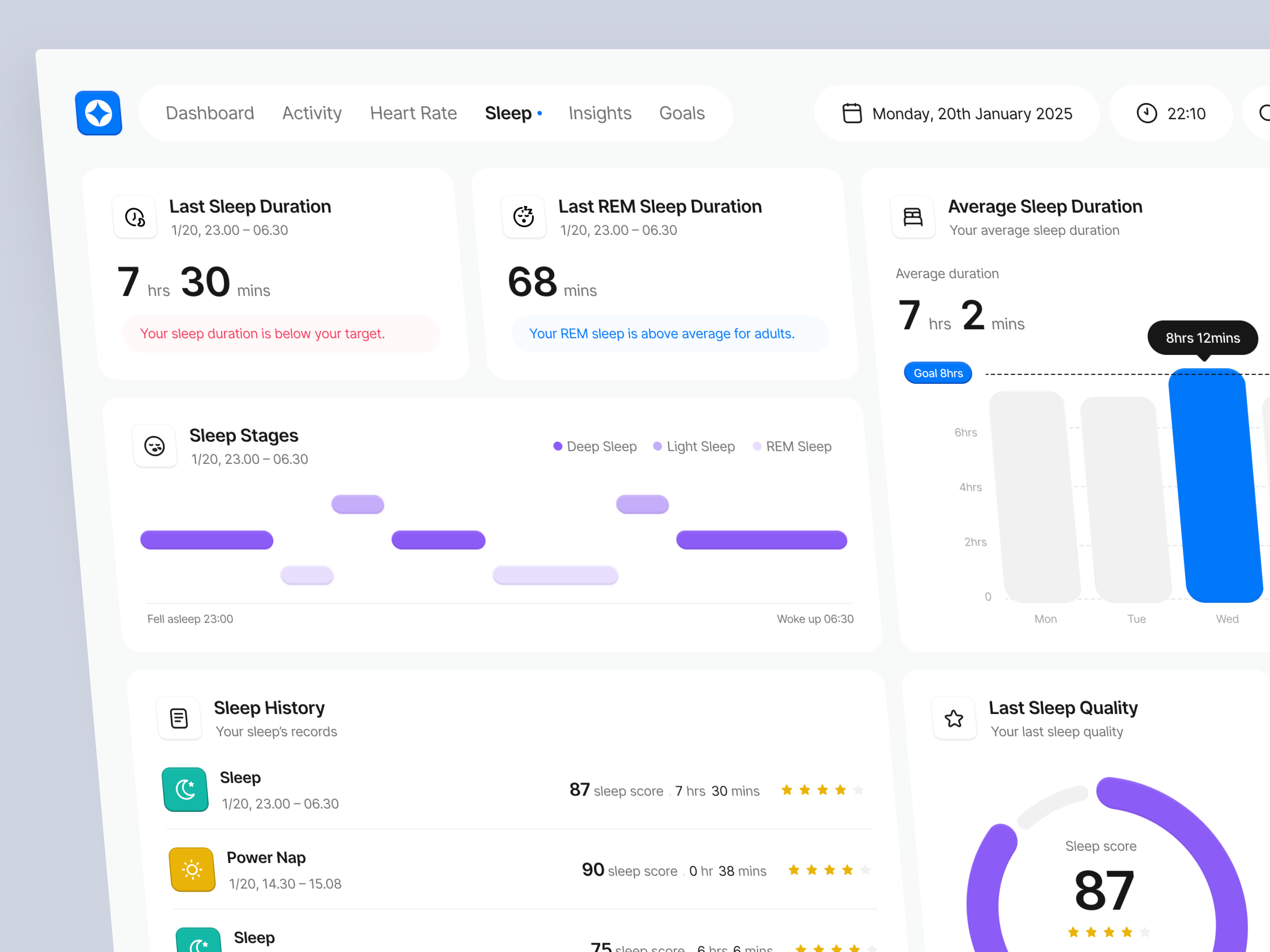 Health Monitoring Dashboard - Sleep Page dashboard design health health monitoring health monitoring dashboard medical medical dashboard minimal modern monitoring sleep monitoring tracker tracking ui ui design ux design website