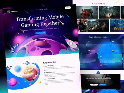Luna Studio Landing Page — Problem to Solution UI/UX 3d illustration landing page colorful sci fi web interface dark mode gaming landing game discovery website layout game studio website concept game submission landing page gaming community web platform gaming platform homepage hero header with primary cta illustrated planet background mobile gaming landing page modern gaming web concept neon gradient web layout player developer stories section responsive gaming homepage space themed website hero startup style marketing page video game marketing website