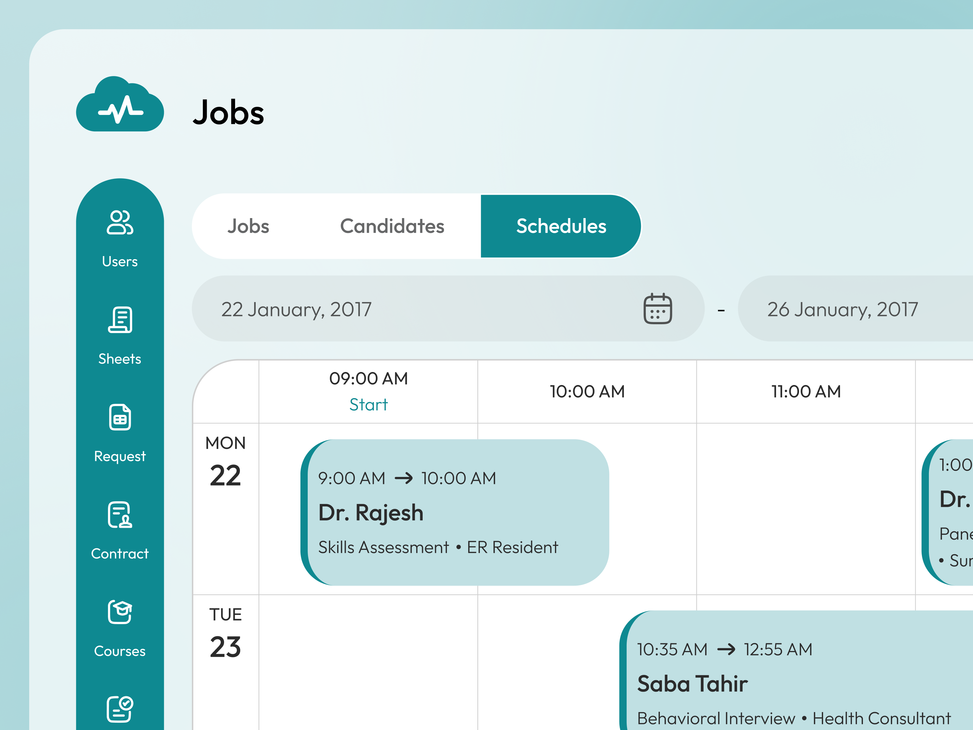 Medical Hiring UI - Jobs, Jobs Detail & Schedules blue theme interface design medical schedule screen design ui ui design ux
