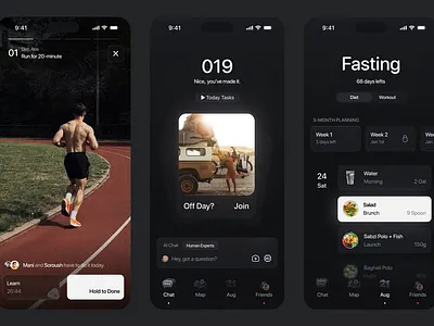 AI-Driven Diet Planner, GYM Mobile App ai chat bot ai driven app black and white clean ui concept design dark dark mode diet fasting gym habit tracker mani jalilzadeh minimal design sport ui ux wayofmani workout مانی جلیل زاده