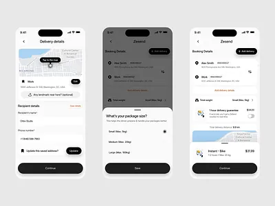 Zesend | Delivery App Package Details & Protection Flow animation app app design courier app ui ux delivery app interface delivery app ui design ios app design logistics app ui design mobile mobile app design order tracking ui package protection flow ux parcel booking mobile app design parcel delivery mobile app product design shipping app mobile design
