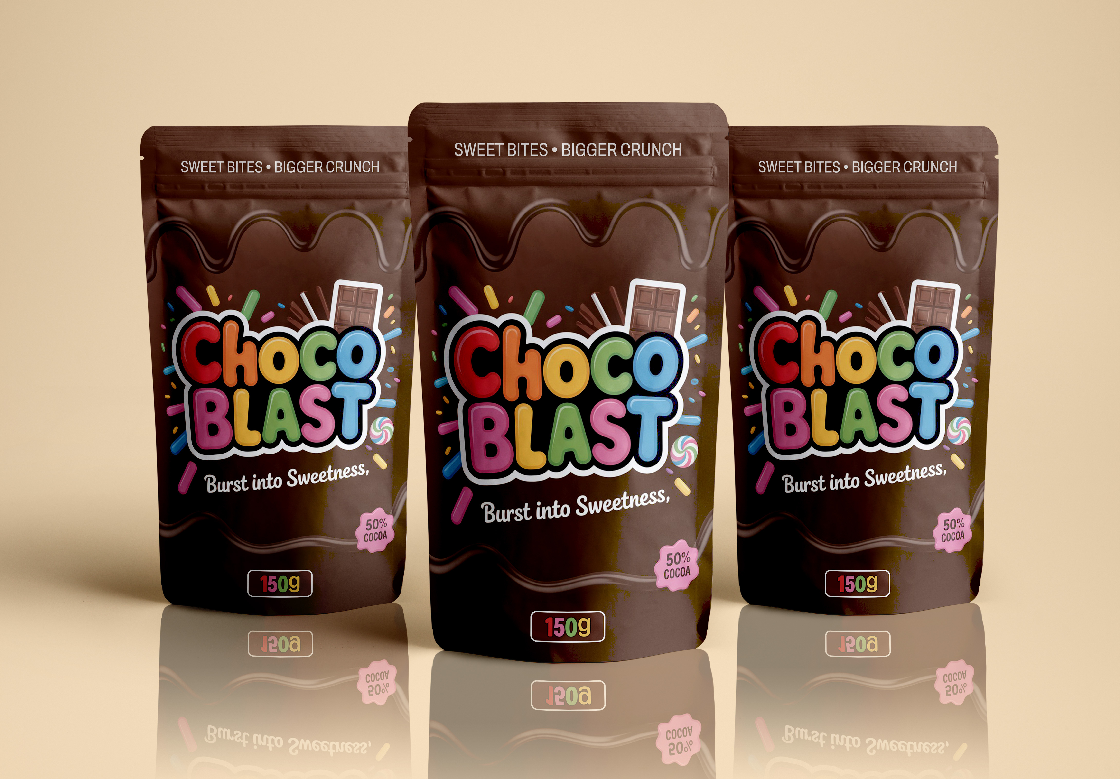 Colorful Chocolate Candy Pouch Bag Packaging Design candy pouch child food choco blast chocolate chocolate branding chocolate candy chocolate design chocolate label design chocolate packaging chocolate pouch clean desig food pouch fruit pouch graphic design label design modern pouch packaging design pouch bag design yummy