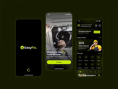 Home Services Booking app app ui booking case study dark app easyfix figma home services mobile app modern ui smart home ui ui design uiux ux design