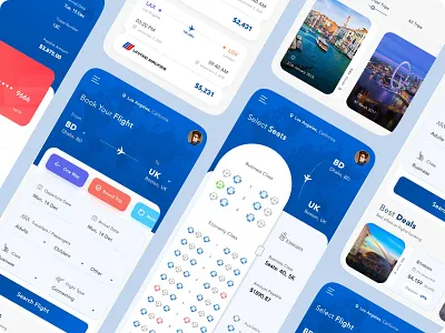 Travel & Hotel Booking App UI Design - Professional & Clean airline app booking app bookingapp corporate ui enterprise ui flight booking flightbooking hotel booking interaction design minimal ui mobile app design mobile ui modern ui seat selection sky blue color app ui travel app travel booking app travel ui travelapp ui ux design