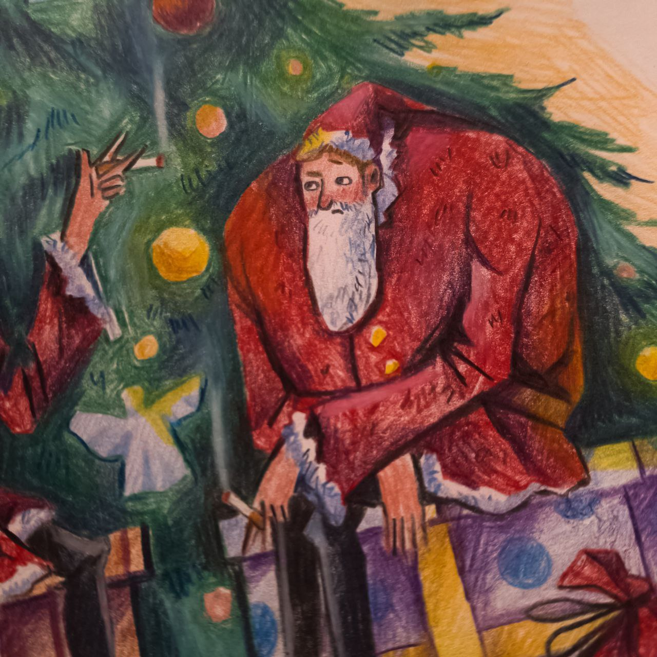 Happy New Year cartoon christmas christmas tree color pencil decoration fun illustration new year pencil portrait retro santa claus sketch sketchbook style texture traditional art