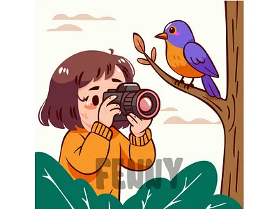 Cartoon Girl Taking Picture of Bird activity adventure background backpack binocular bird camping character eco explore journey joy nature outdoor photography tourism travel trip vacation watching