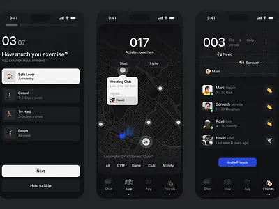 AI Fitness and Diet Planning App : UIUX ai diet planner ai fitness tracker app application black and white dark map dark ui diet fitness friends gym gym app gym club local club mani jalilzadeh map minimal onboarding ui workout