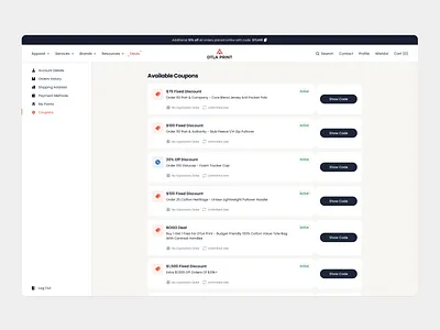 Coupons Page ✦ UI/UX Design ✦ DTLA Print account account page coupon coupon code coupon page coupons coupons page e commerce ecommerce online shop online store profile profile page settings store ui uiux ux website