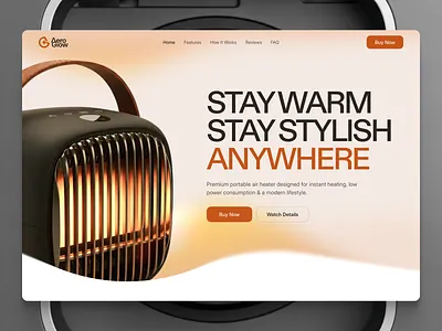 Air Heater Website Hero Section air heater consumer ecommerce hardware header heater website hero section interface landing page minimal portable heater product product website startup tech ui web design website design wingly agency