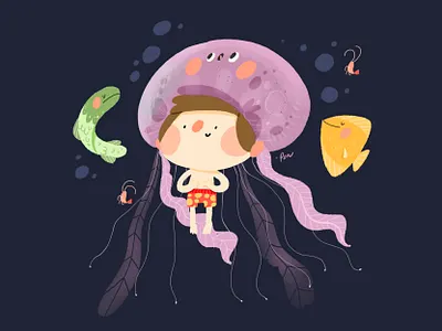 Poison cartoon character color cute design fish illustration jellyfish poison shrimp sketch