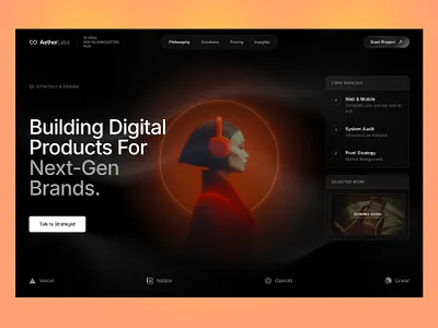 AetherLabs • Dark Creative Landing Page UI branddesign creativeui darkui digitalproduct figma herosection homepage innovation landingpage moderndesign saas uidesign uxui webdesign