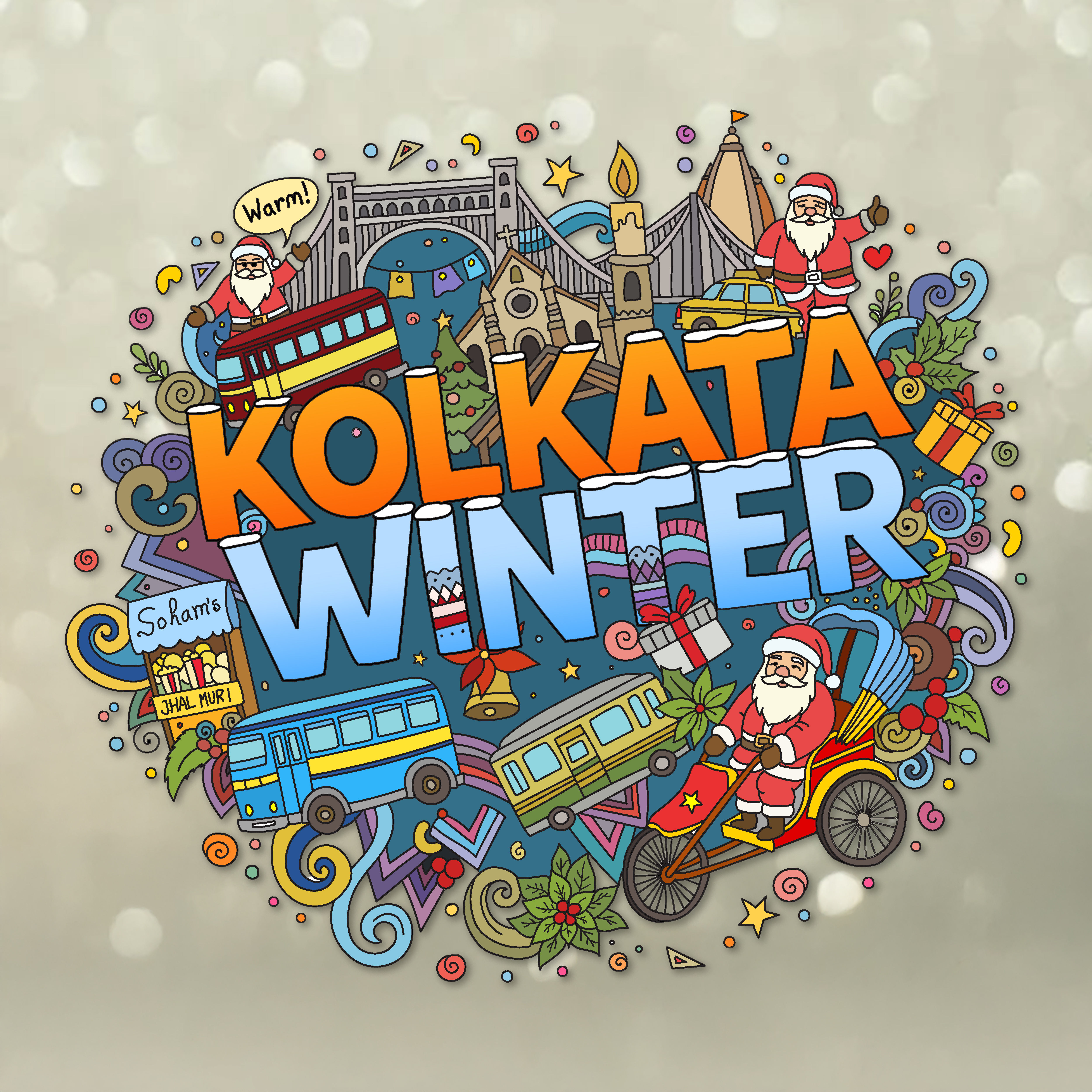 Kolkata's Winter: A Vibrant Doodle Adventure cartoon christmas christmas doodle creative design digital art digital painting doodle doodle art drawing graphics design kolkata doodle vector art vector illustration