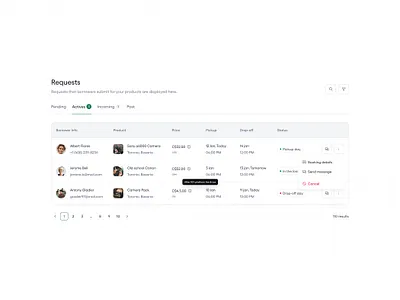 Borrowing requests table clean component dashboard design system minimal design row saas system tab table tooltip ui web