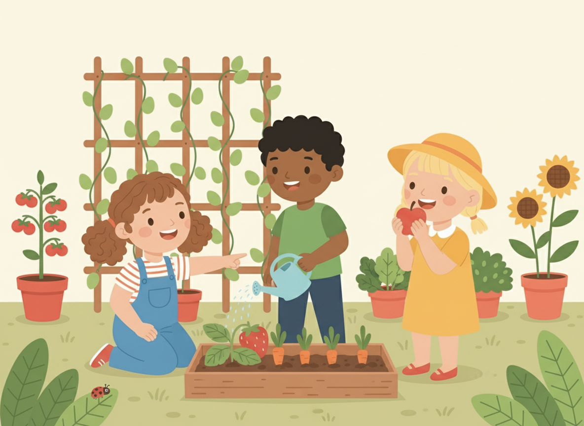 Cute Kids Gardening & Harvesting Illustrations agriculture cartoon children cute education farm gardening harvest illustration kids nature picnic vector