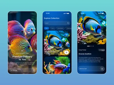 Aquarium Fish Shop Mobile App UI app design aquarium app clean interface dark mode ui ecommerce ui fish shop ui interaction design ios app design marketplace ui mobile interface mobile ui modern app ui product app product listing screen design shopping app ui design user experience ux design visual design