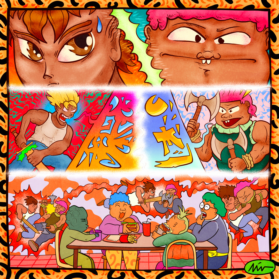 "Fast Food Fighters" art branding cartoon color pencil comic cover design draw dream fight fun illustration manga music scene vintage water ink