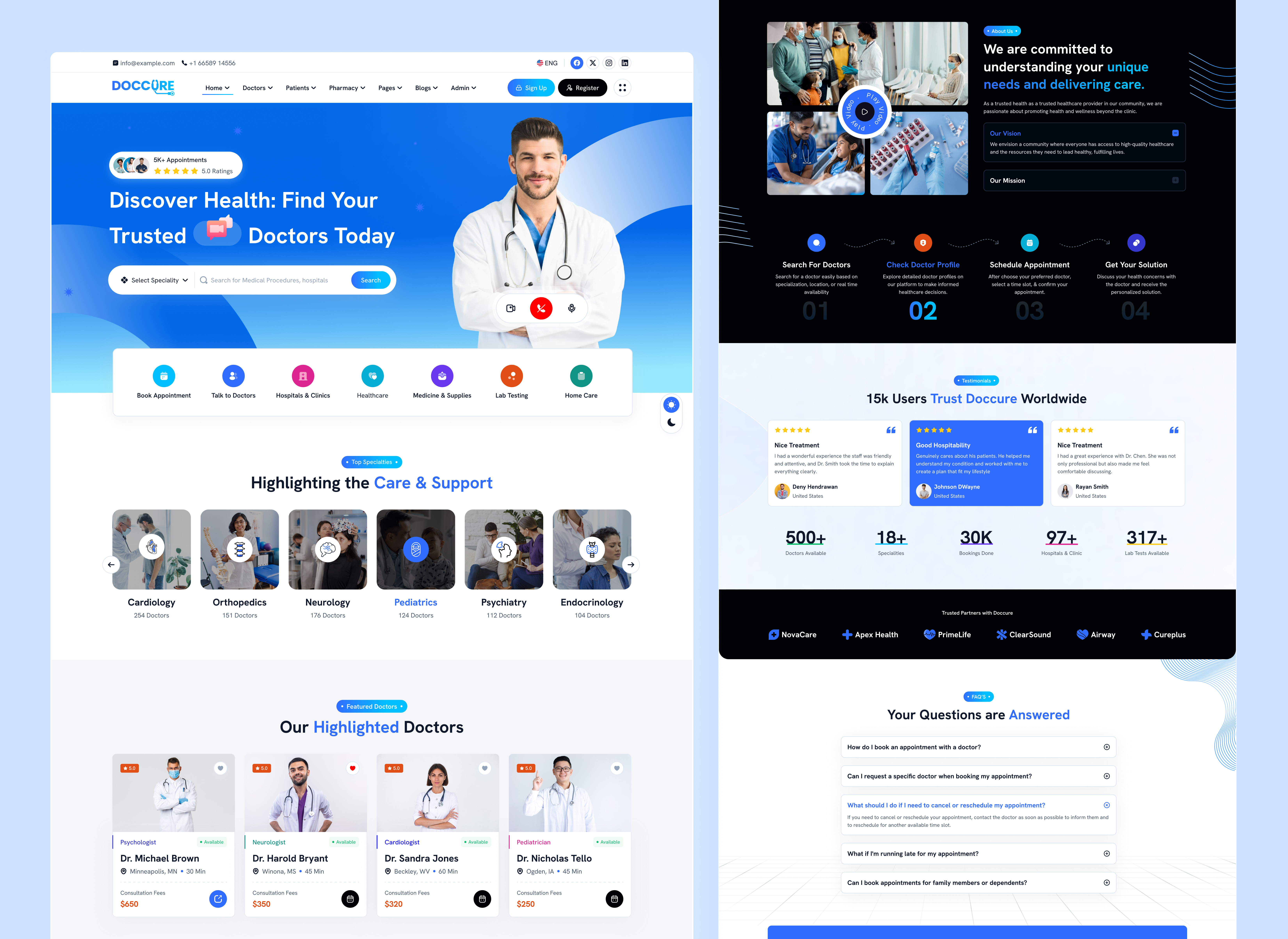 Doccure – Modern Medical Landing Page Design clinicwebsite doctorappointment doctorbooking doctorwebsite healthappdesign healthcaredesign healthcareui healthcareux healthcarewebdesign healthtech hospitalwebsite medicaldashboard medicallandingpage medicaltemplate medicalui medicalwebsite patientbooking patientportal telehealthdesign telemedicineui