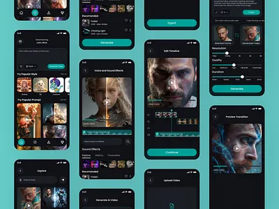 AI Viral Hook- AI Video Generation & Animation App UI Design ai content creation ai transitions ai video app ai video editor cinematic video ui creator tools app dark mode mobile ui dribbble ui generative ai app mobile app ui design modern app interface saas mobile design short form video app social media video app sound effects ui timeline editor ui ui ux ux design video export ui viral video ui