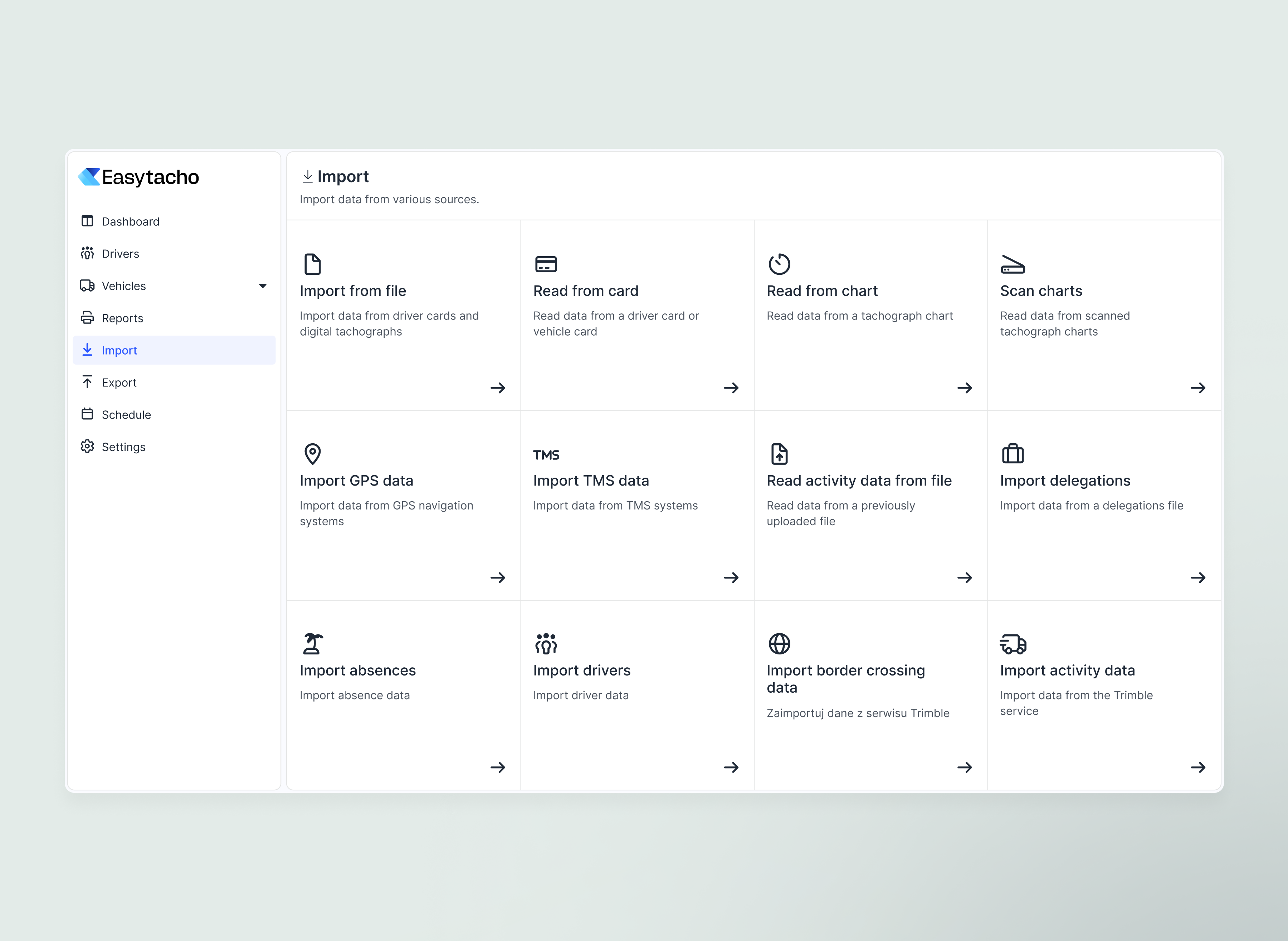 Easytacho - Import calculation screen complex import dashboard dashboard ui desktop import desktop platform desktop ui drivers calculation system grid design import desktop import selection saas table design truck system