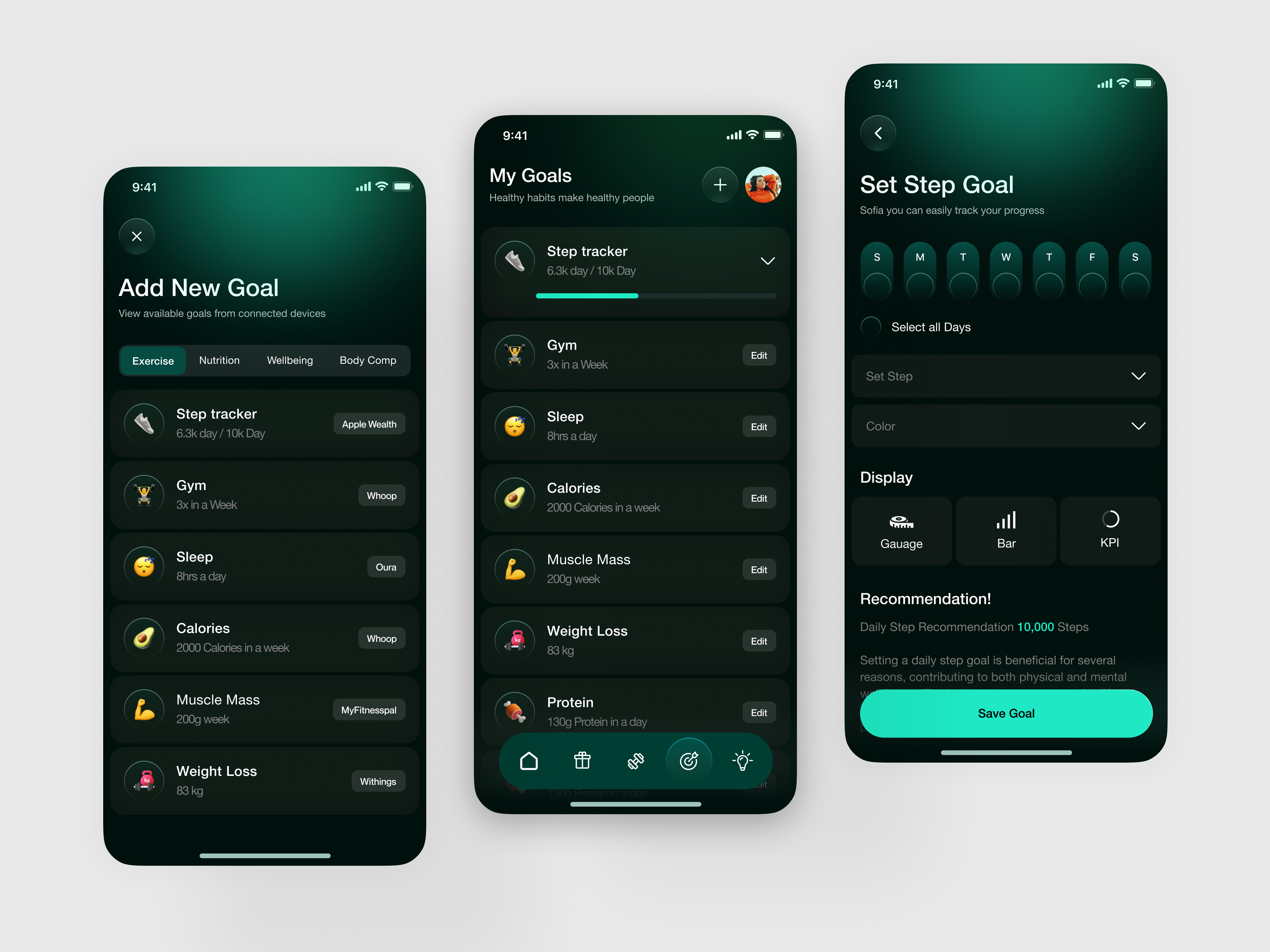 Fitness Goal Tracking & Habit Management Flow app app design dark mode app fitness app ui design fitness tracker fitness tracker mobile app goal tracking app design habit management flow habit tracker app ui health goal tracking app ios app design mobile mobile fitness dashboard design modern app ui modern fitness mobile app product design ui ux design workout tracking app design