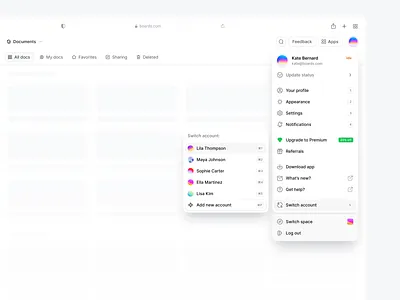 Switch Account Menu app design app designers app ui dropdown interaction menu nav product design ui ui design ui ux user dropdown user menu user profile ux hover web app