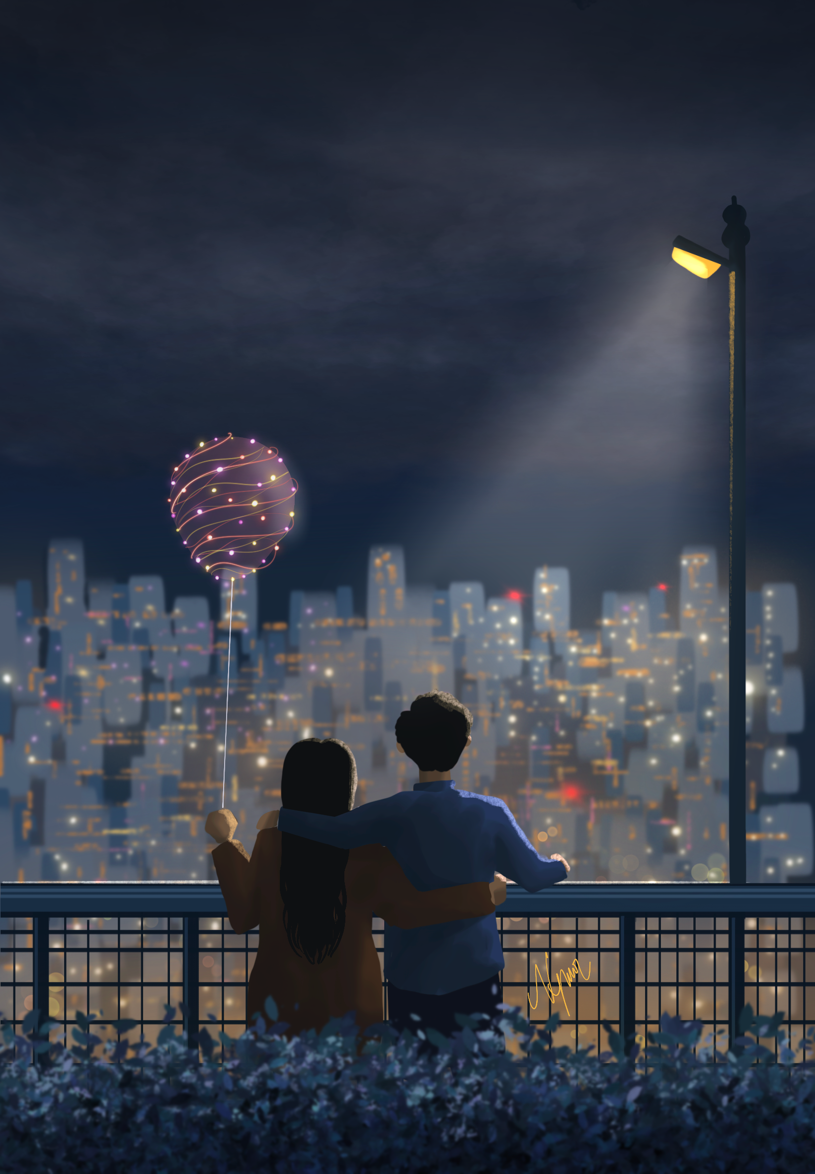 Lovely couple enjoying Citylights at midnight couple digital art drawing illustration illustrations vectorart