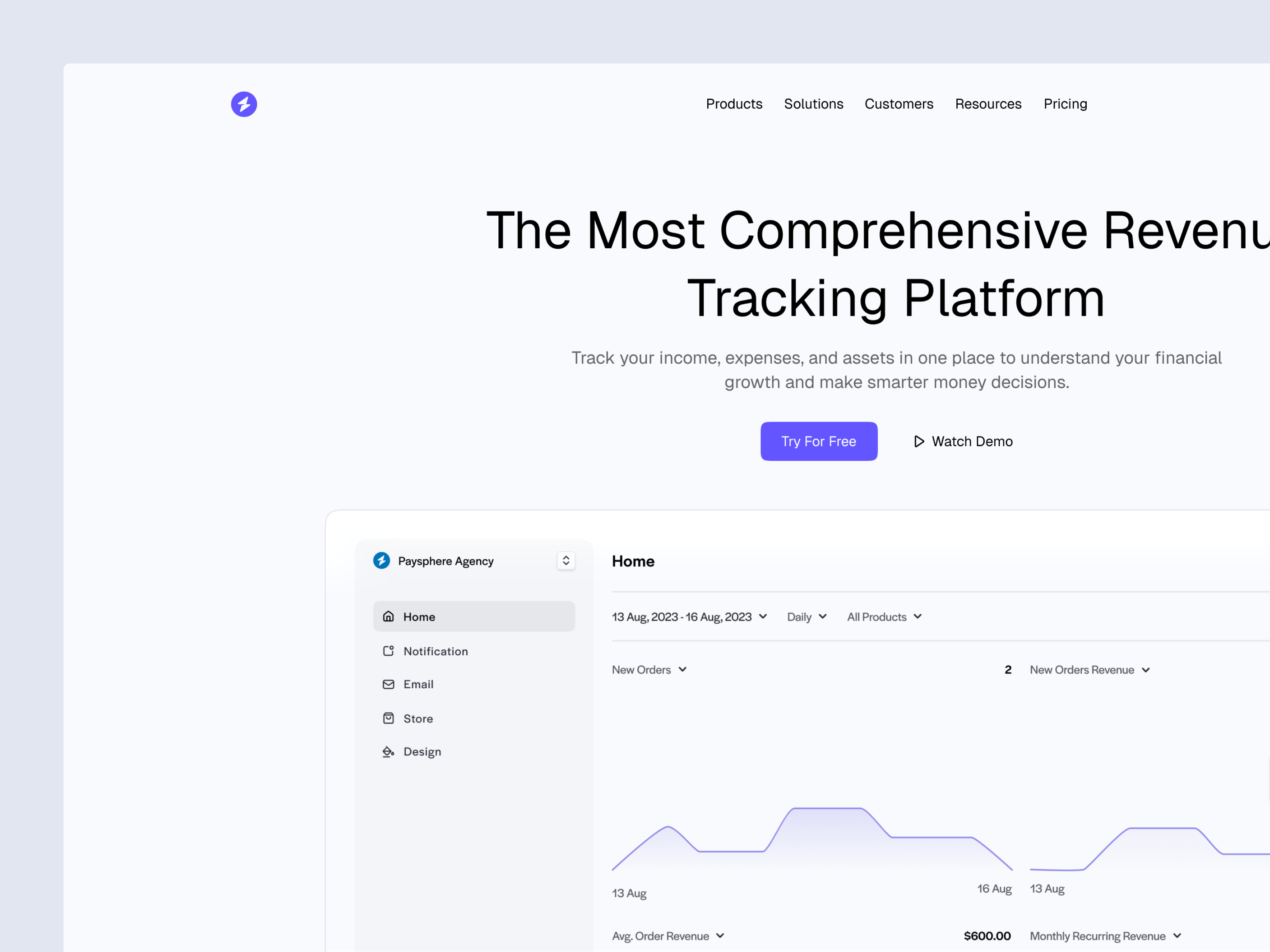 Revenue Tracking Platform chart clean dashboard fintech landing landing page marketing minimal modern revenue saas startup tracking tracking app tracking platform ui ux web design website white
