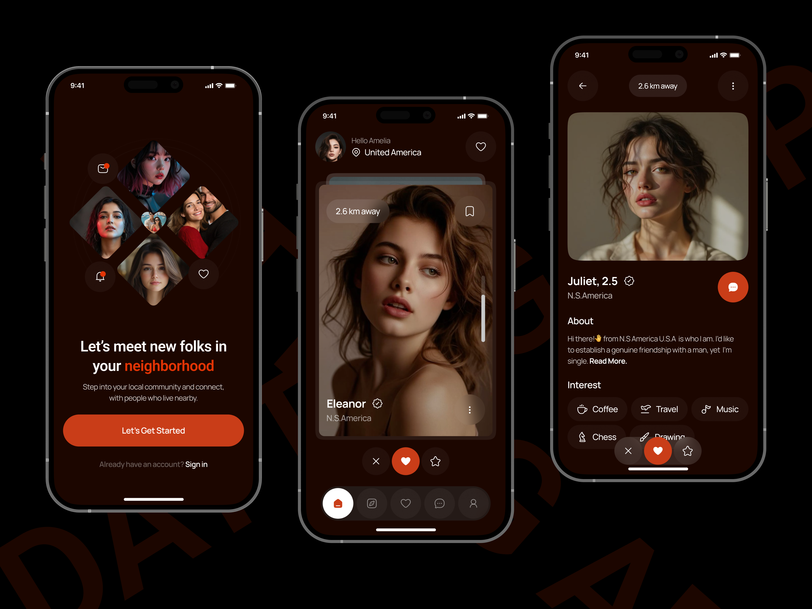 Dating App app design dark ui dating app ios app mobile app ui modern ui profile screen social app