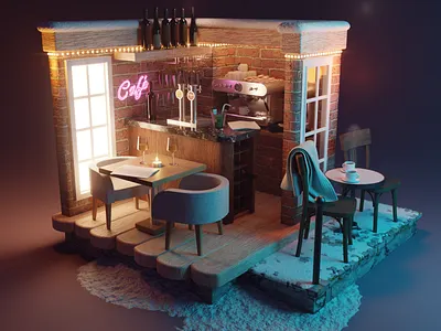 Winter Café 3d bar blender bricks city cycles illustration neon paris restaurant scene snow terasse texture tiny scene wine winter