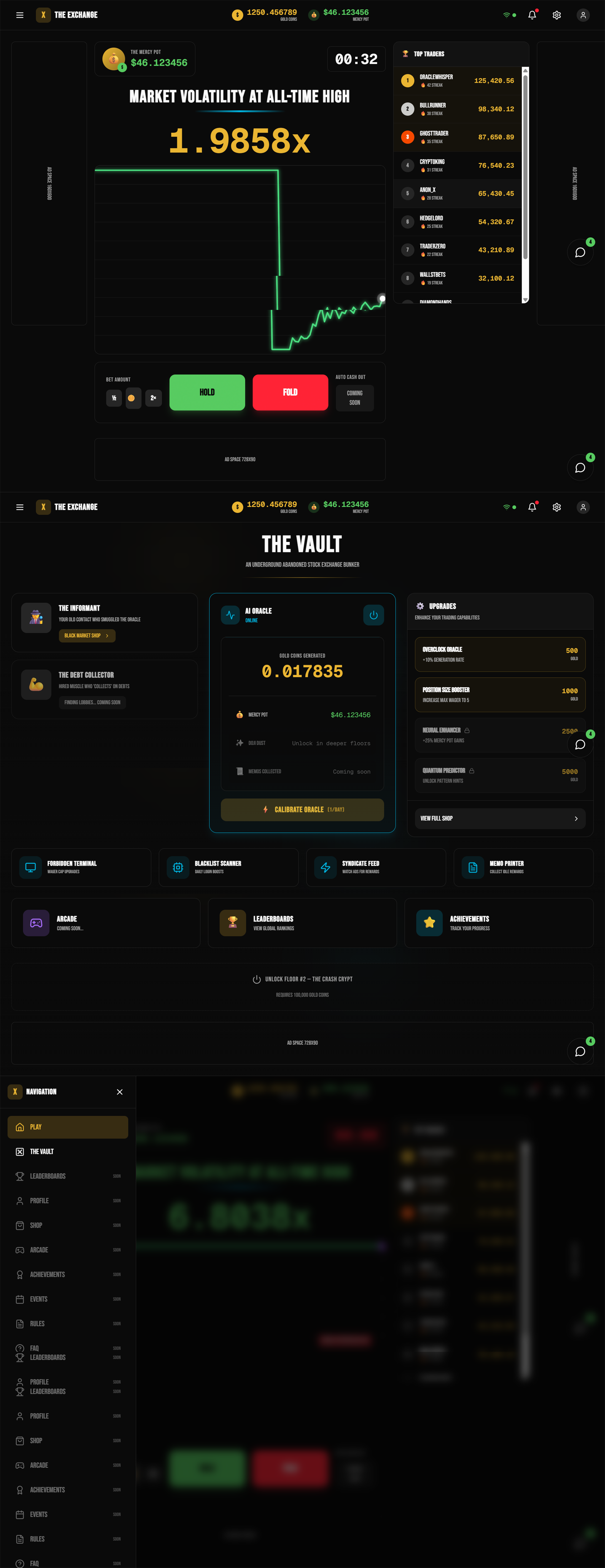 Dark Minimalist UI for Real-Time Trading Game bitcoins dark figma neon trading ui ux web design website