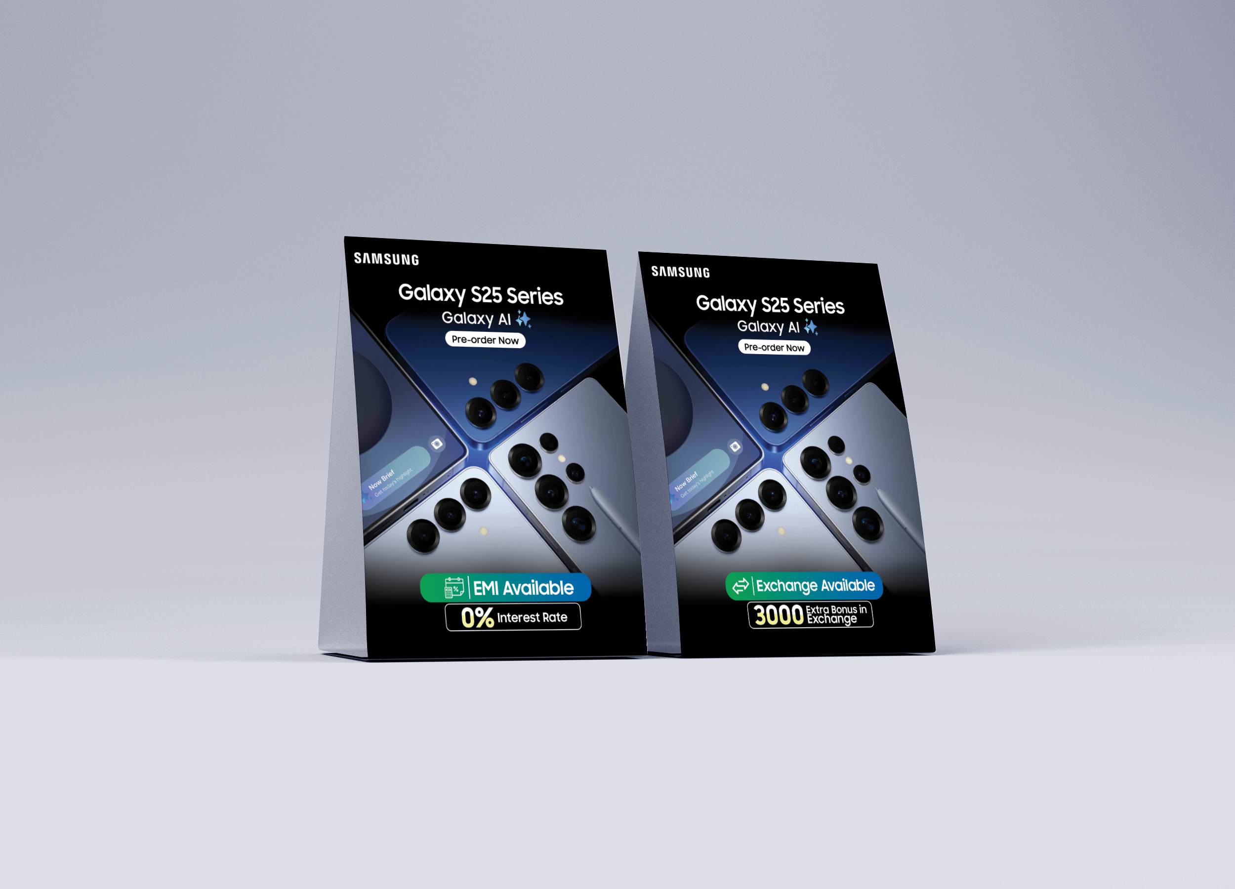 Samsung Galaxy S25 Series – Table Tent Design 3d advertisement agency animation brand identity branding graphic design illustration logo mockup motion graphics photoshop printing social media tent card ui