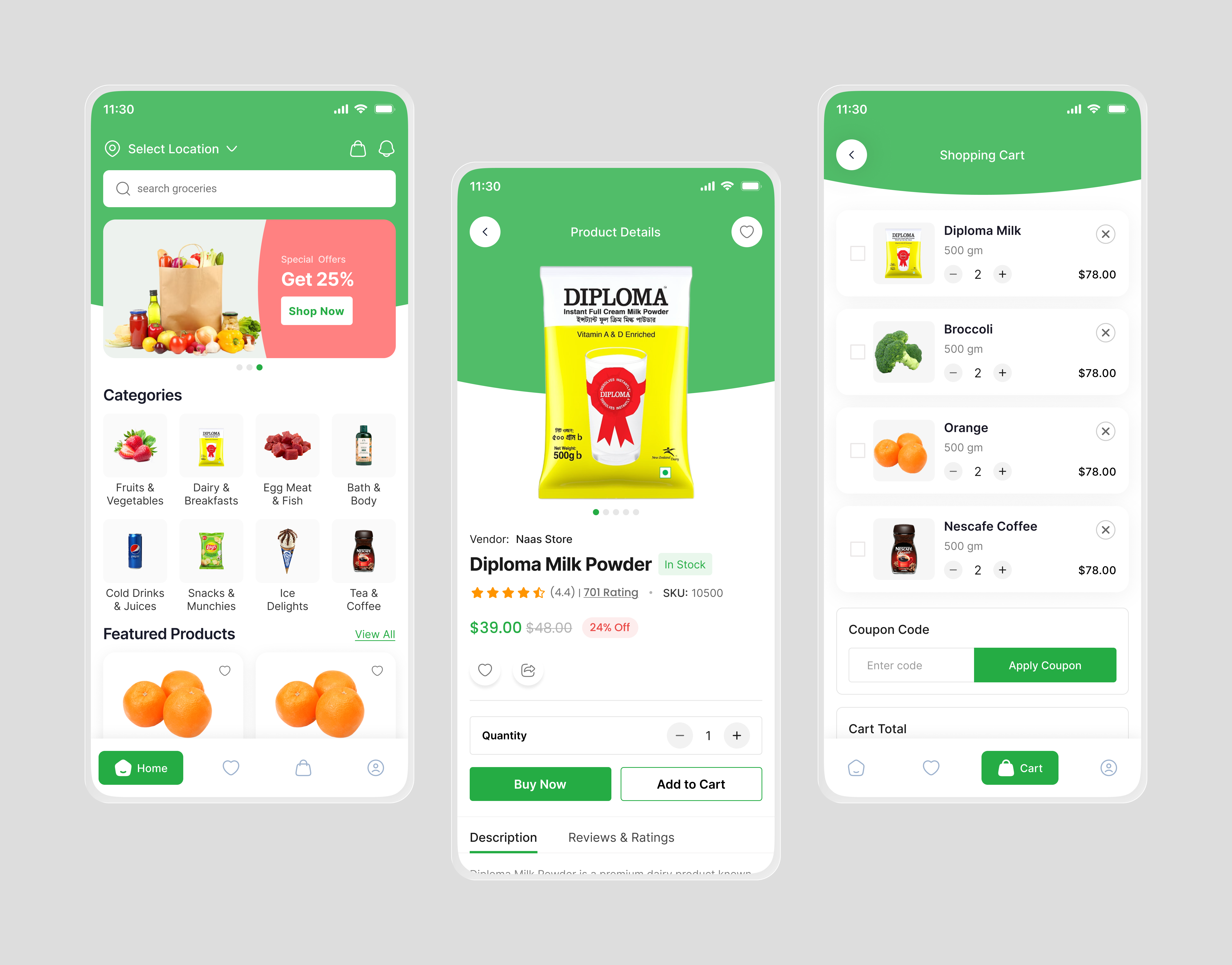 Grocery Delivery App - Naas Store UI Concept app design appdesign cart checkout clean design ecommerce figma food delivery fresh food grocery app marketplace mobile app mobileapp organic shopping app store supermarket uiux user interface ux design