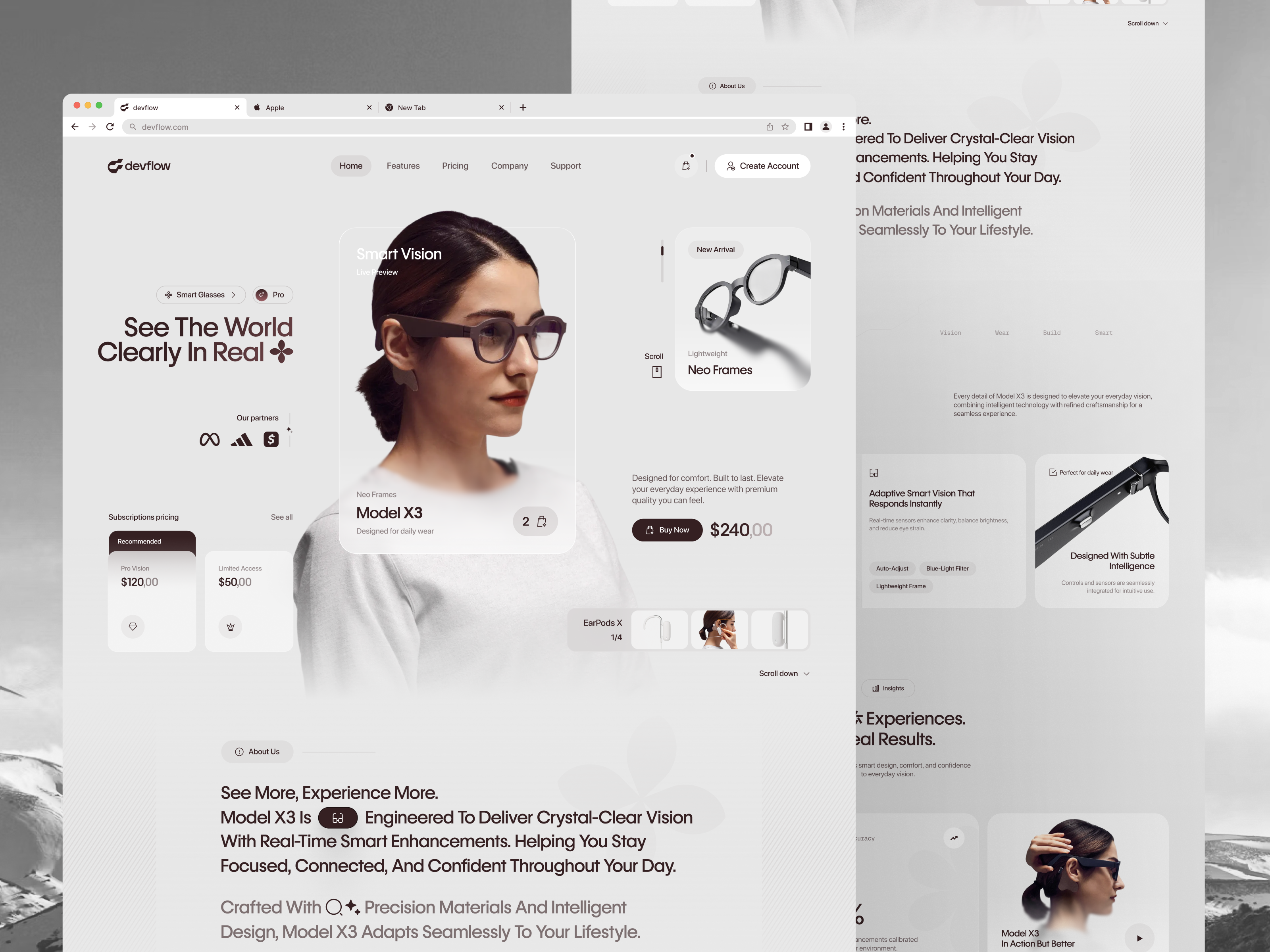 Smart Glasses Website ai airpods artificial intelligence clean design glasses interface ladning page minimal tech technology ui uix user interface ux web web design website