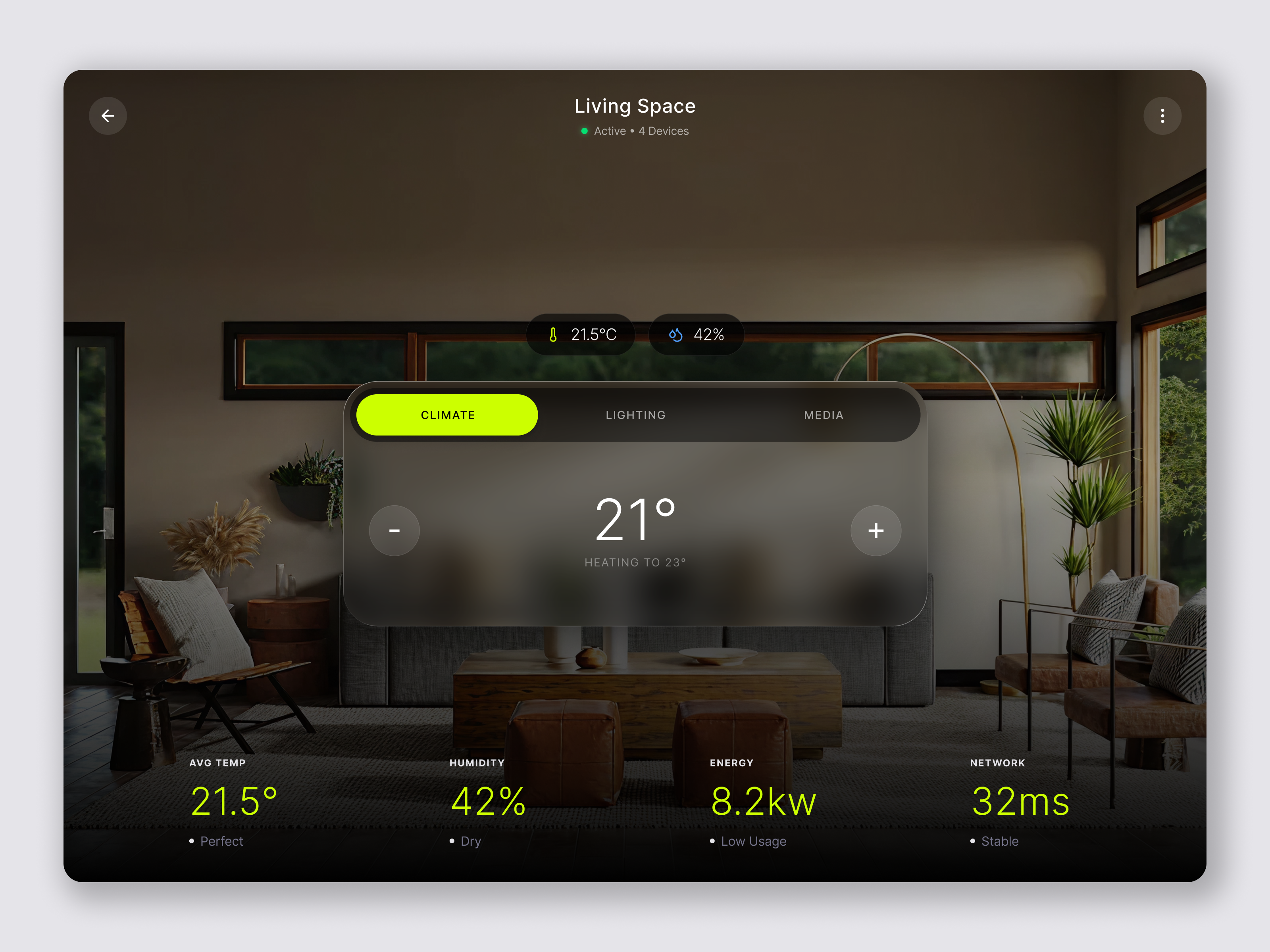 AI Smart Home Dashboard – Climate Control Interface app interface climate control control panel dark ui dashboard design futuristic ui glassmorphism home automation interaction design iot minimal ui product design smart home ui design ux design