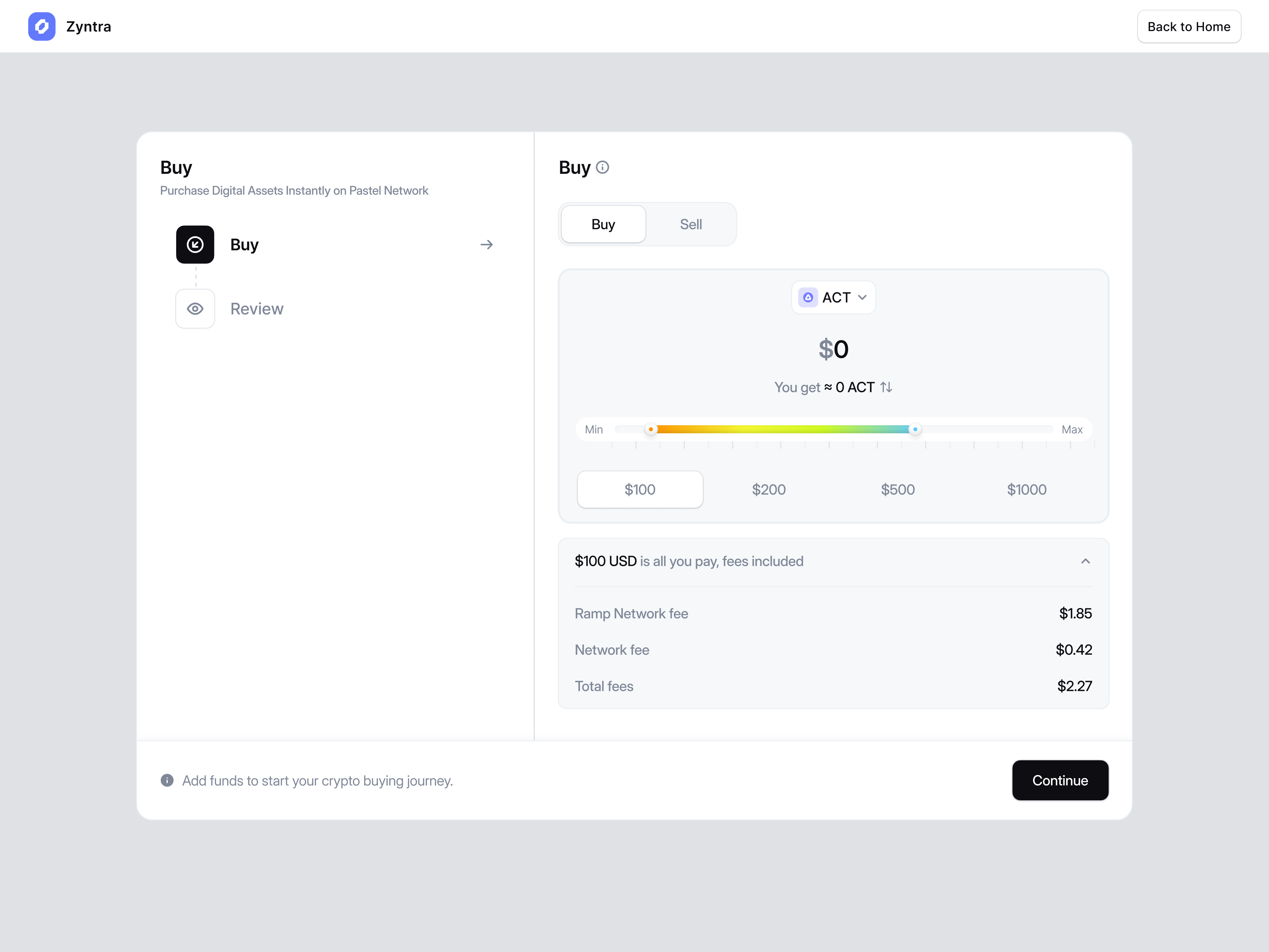Example of Crypto Purchase Flow Web App: Buy Digital Assets Module