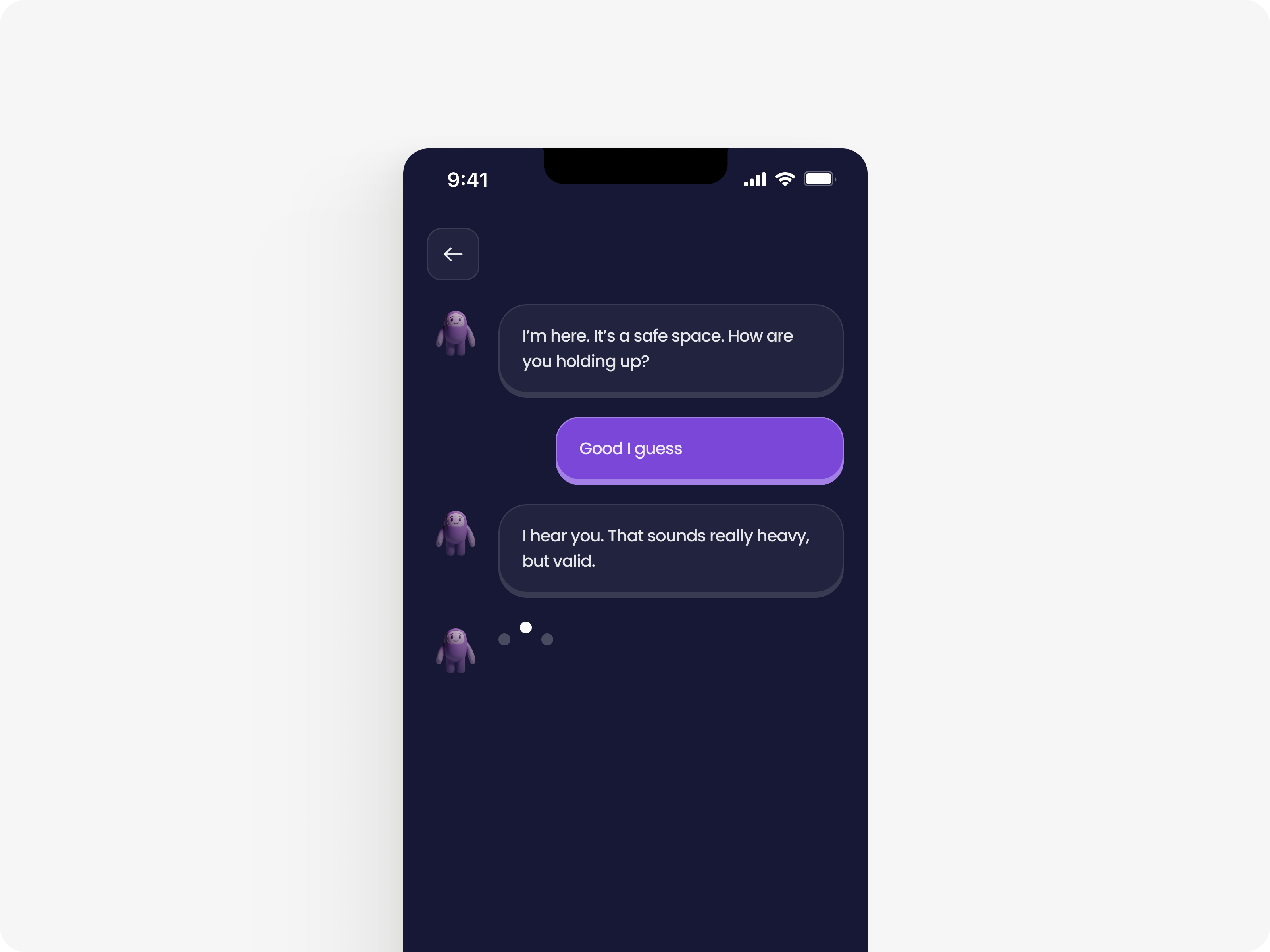 Mascot-Based Chat UI for Mental Wellness, Mental Health App UI chat chat ui clean design loading mascot mental health mental wellness message mobile app ui ux